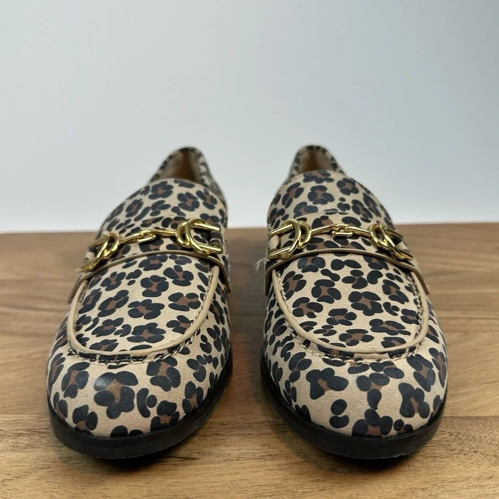 Womens Stuart Weitzman‎ Owen Buckle Tan Leather Cheetah Print Loafers Size 5 B